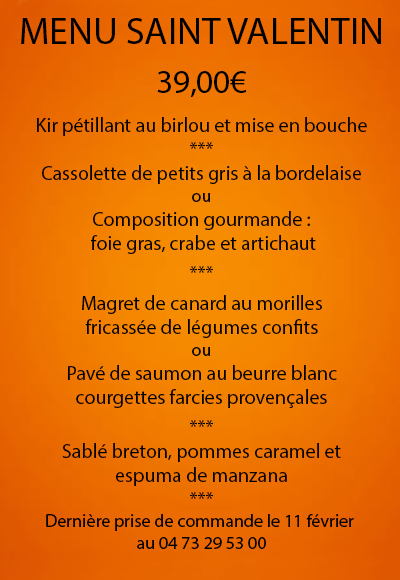 Menu Saint Valentin février 2025